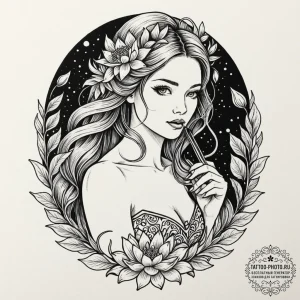 A neo-traditional tattoo of a rusalka brushin... - эскиз тату (№1753473120_0, 25.07.2025 19:52) — tattoo-photo.ru
