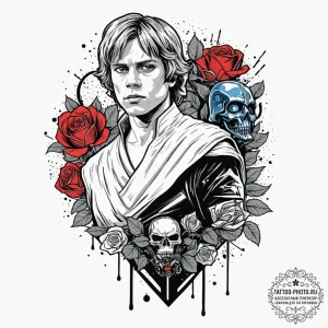 Trash polka style tattoo of luke skywalker fa... - эскиз тату (№1753473312_0, 25.07.2025 19:55) — tattoo-photo.ru