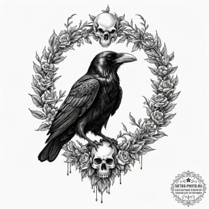 A raven perched on a skull, artistic tattoo s... - эскиз тату (№1753475545_0, 25.07.2025 20:32) — tattoo-photo.ru