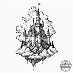 A watercolor sketch of a castle in the clouds... - эскиз тату (№1753478885_0, 25.07.2025 21:28) — tattoo-photo.ru