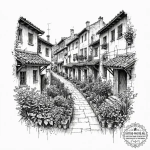 A hidden courtyard garden in the middle of a... - эскиз тату (№1753479094_0, 25.07.2025 21:31) — tattoo-photo.ru