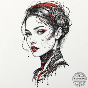 Trash polka style face of a replicant, half f... - эскиз тату (№1753483772_0, 25.07.2025 22:49) — tattoo-photo.ru