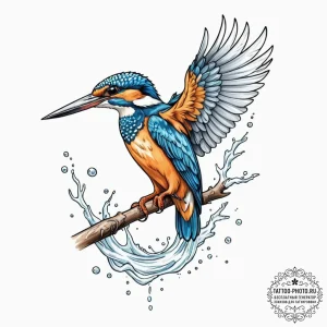 A kingfisher diving for a fish, tattoo sketch... - эскиз тату (№1753484727_0, 25.07.2025 23:05) — tattoo-photo.ru