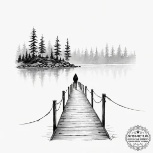 A lone figure standing at the end of a pier o... - эскиз тату (№1753489561_0, 26.07.2025 00:26) — tattoo-photo.ru