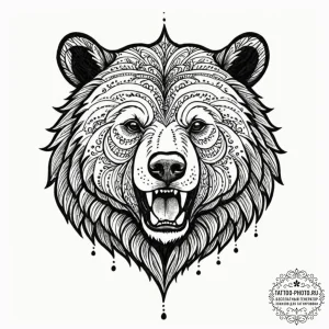 Tattoo sketch a bear's head roaring, with tri... - эскиз тату (№1753492973_0, 26.07.2025 01:22) — tattoo-photo.ru
