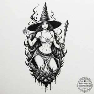 A trash polka tattoo of a beautiful witch bei... - эскиз тату (№1753495973_0, 26.07.2025 02:12) — tattoo-photo.ru