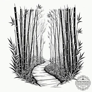 A path winding through a dense bamboo forest,... - эскиз тату (№1753496570_0, 26.07.2025 02:22) — tattoo-photo.ru
