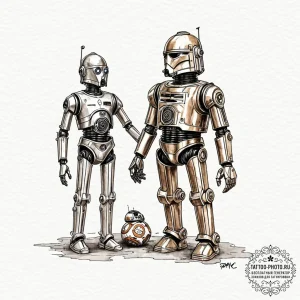 A watercolor sketch of r2-d2 and c-3po, best... - эскиз тату (№1753497785_0, 26.07.2025 02:43) — tattoo-photo.ru