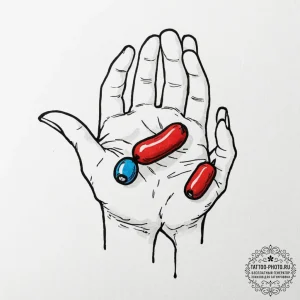 A dotwork tattoo of the red pill and the blue... - эскиз тату (№1753502706_0, 26.07.2025 04:05) — tattoo-photo.ru