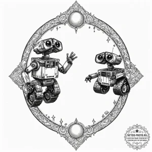 A linework tattoo of wall-e and eve dancing i... - эскиз тату (№1753503539_0, 26.07.2025 04:18) — tattoo-photo.ru