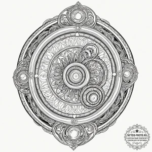 A linework tattoo of a time-turner, intricate... - эскиз тату (№1753504322_0, 26.07.2025 04:32) — tattoo-photo.ru