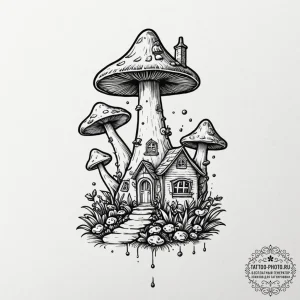 Tattoo design a whimsical mushroom house., ar... - эскиз тату (№1753504914_0, 26.07.2025 04:41) — tattoo-photo.ru