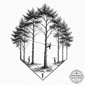 A shot of a person slacklining between two tr... - эскиз тату (№1753505315_0, 26.07.2025 04:48) — tattoo-photo.ru