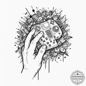 Tattoo sketch a gamer's hand blending into th... - эскиз тату (№1753505906_0, 26.07.2025 04:58) — tattoo-photo.ru