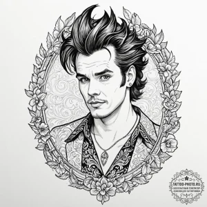 A neo-traditional portrait of ace ventura, wi... - эскиз тату (№1753507261_0, 26.07.2025 05:21) — tattoo-photo.ru