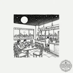 A sketch of the diner scene from moonlight,,... - эскиз тату (№1753511883_0, 26.07.2025 06:38) — tattoo-photo.ru