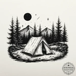 A single, illuminated tent in the vast, dark... - эскиз тату (№1753512092_0, 26.07.2025 06:41) — tattoo-photo.ru