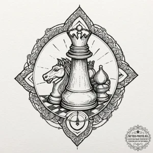 A close-up of a chess piece, the king, tipped... - эскиз тату (№1753513099_0, 26.07.2025 06:58) — tattoo-photo.ru
