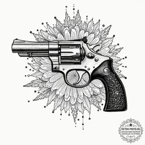 Revolver, artistic tattoo sketch, muted color... - эскиз тату (№1753514077_0, 26.07.2025 07:14) — tattoo-photo.ru