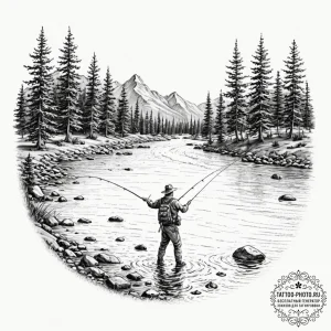 A shot of a fly fisherman casting a line in a... - эскиз тату (№1753517236_0, 26.07.2025 08:07) — tattoo-photo.ru