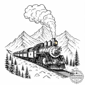 A powerful steam locomotive chugging through... - эскиз тату (№1753518644_0, 26.07.2025 08:30) — tattoo-photo.ru