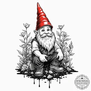 A sketch of the travelling garden gnome from... - эскиз тату (№1753519043_0, 26.07.2025 08:37) — tattoo-photo.ru