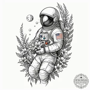 Astronaut holding a bouquet of flowers, tatto... - эскиз тату (№1753519626_0, 26.07.2025 08:47) — tattoo-photo.ru