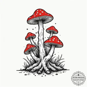 Bioluminescent mushrooms on a log, tattoo dra... - эскиз тату (№1753526941_0, 26.07.2025 10:49) — tattoo-photo.ru