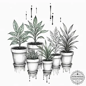 Tattoo design a collection of potted plants o... - эскиз тату (№1753528713_0, 26.07.2025 11:18) — tattoo-photo.ru