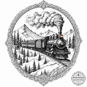 A powerful steam locomotive chugging through... - эскиз тату (№1753529897_0, 26.07.2025 11:38) — tattoo-photo.ru