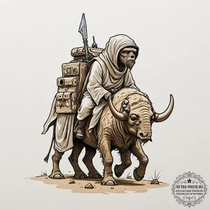 A sketch of a tusken raider (sand person) on... - эскиз тату (№1753555055_0, 26.07.2025 18:37) — tattoo-photo.ru