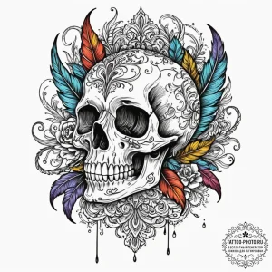 A skull used as an inkwell with a quill, tatt... - эскиз тату (№1753561704_0, 26.07.2025 20:28) — tattoo-photo.ru