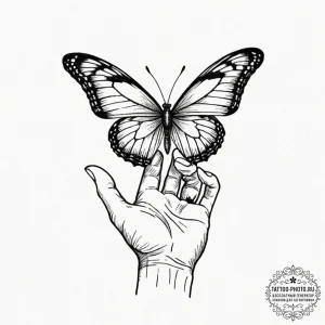 Tattoo design a butterfly landing on a human... - эскиз тату (№1753564314_0, 26.07.2025 21:11) — tattoo-photo.ru