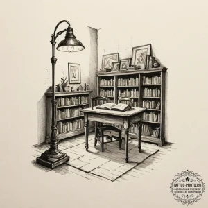 The interior of an old, dusty library at nigh... - эскиз тату (№1753567937_0, 26.07.2025 22:12) — tattoo-photo.ru