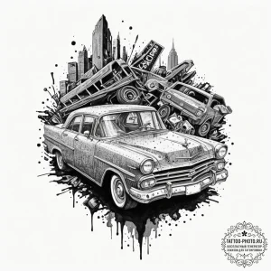 A trash polka tattoo of the car crash scene f... - эскиз тату (№1753573392_0, 26.07.2025 23:43) — tattoo-photo.ru