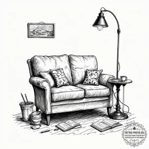 A cozy reading nook with a built-in bench, cu... - эскиз тату (№1753574612_0, 27.07.2025 00:03) — tattoo-photo.ru