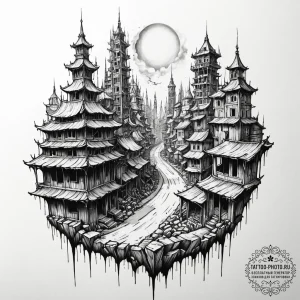 Tattoo sketch a post-apocalyptic cityscape wi... - эскиз тату (№1753575201_0, 27.07.2025 00:13) — tattoo-photo.ru