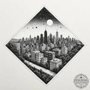 The view of a city from a rooftop garden at n... - эскиз тату (№1753581445_0, 27.07.2025 01:57) — tattoo-photo.ru