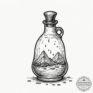 Potion bottle with glowing liquid, tattoo ske... - эскиз тату (№1753581644_0, 27.07.2025 02:00) — tattoo-photo.ru