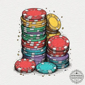 A close-up of a stack of casino chips., artis... - эскиз тату (№1753590042_0, 27.07.2025 04:20) — tattoo-photo.ru