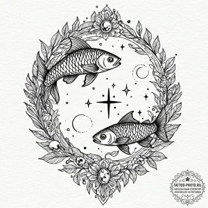 Tattoo design pisces fish as ancient spiritua... - эскиз тату (№1753590251_0, 27.07.2025 04:24) — tattoo-photo.ru