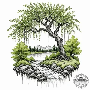 Tattoo design a weeping willow, its hanging b... - эскиз тату (№1753590852_0, 27.07.2025 04:34) — tattoo-photo.ru