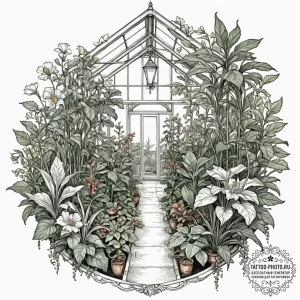The interior of a greenhouse, humid and fille... - эскиз тату (№1753591840_0, 27.07.2025 04:50) — tattoo-photo.ru