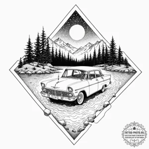 A linework tattoo of the car sinking in the l... - эскиз тату (№1753594609_0, 27.07.2025 05:36) — tattoo-photo.ru