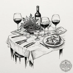 The aftermath of a dinner party, with messy p... - эскиз тату (№1753597183_0, 27.07.2025 06:19) — tattoo-photo.ru