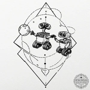 A linework tattoo of wall-e and eve dancing i... - эскиз тату (№1753598960_0, 27.07.2025 06:49) — tattoo-photo.ru