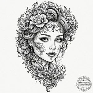 A half-human, half-skeleton face, tattoo flas... - эскиз тату (№1753600745_0, 27.07.2025 07:19) — tattoo-photo.ru