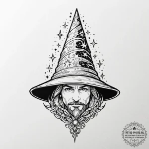 Tattoo design a wizard's hat with glowing sta... - эскиз тату (№1753602132_0, 27.07.2025 07:42) — tattoo-photo.ru