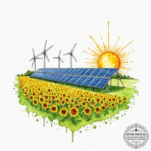 A shot of a solar panel farm stretching to th... - эскиз тату (№1753602924_0, 27.07.2025 07:55) — tattoo-photo.ru
