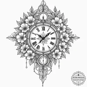 Tattoo design a beautiful, intricate clock, b... - эскиз тату (№1753614412_0, 27.07.2025 11:06) — tattoo-photo.ru